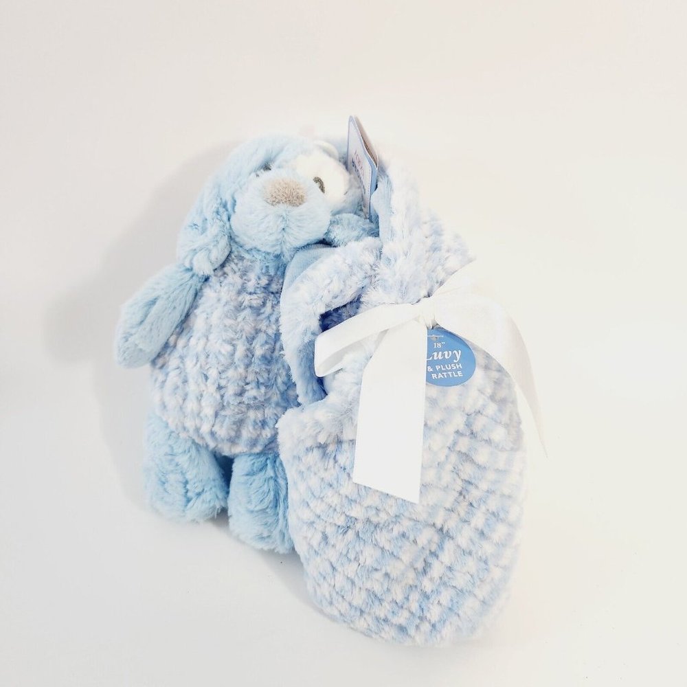 Aurora Baby Blue White 8" Dog Plush Rattle & 18" Lovey Security Blanket Set
